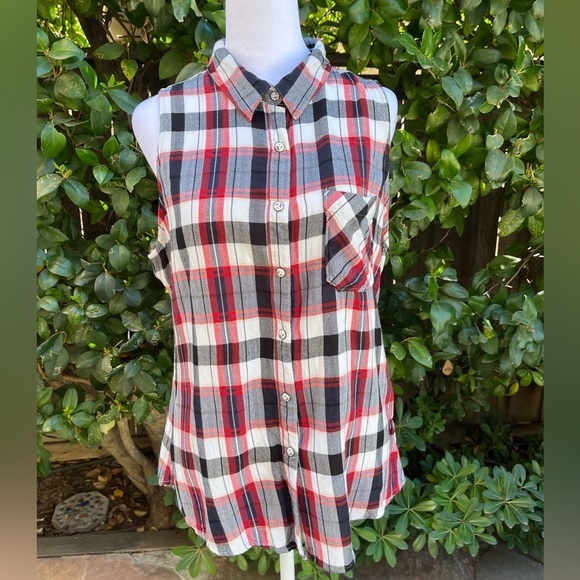Shyanne Country Western Snap Front Sleeveless Red Black White Plaid Top L - Picture 4 of 10